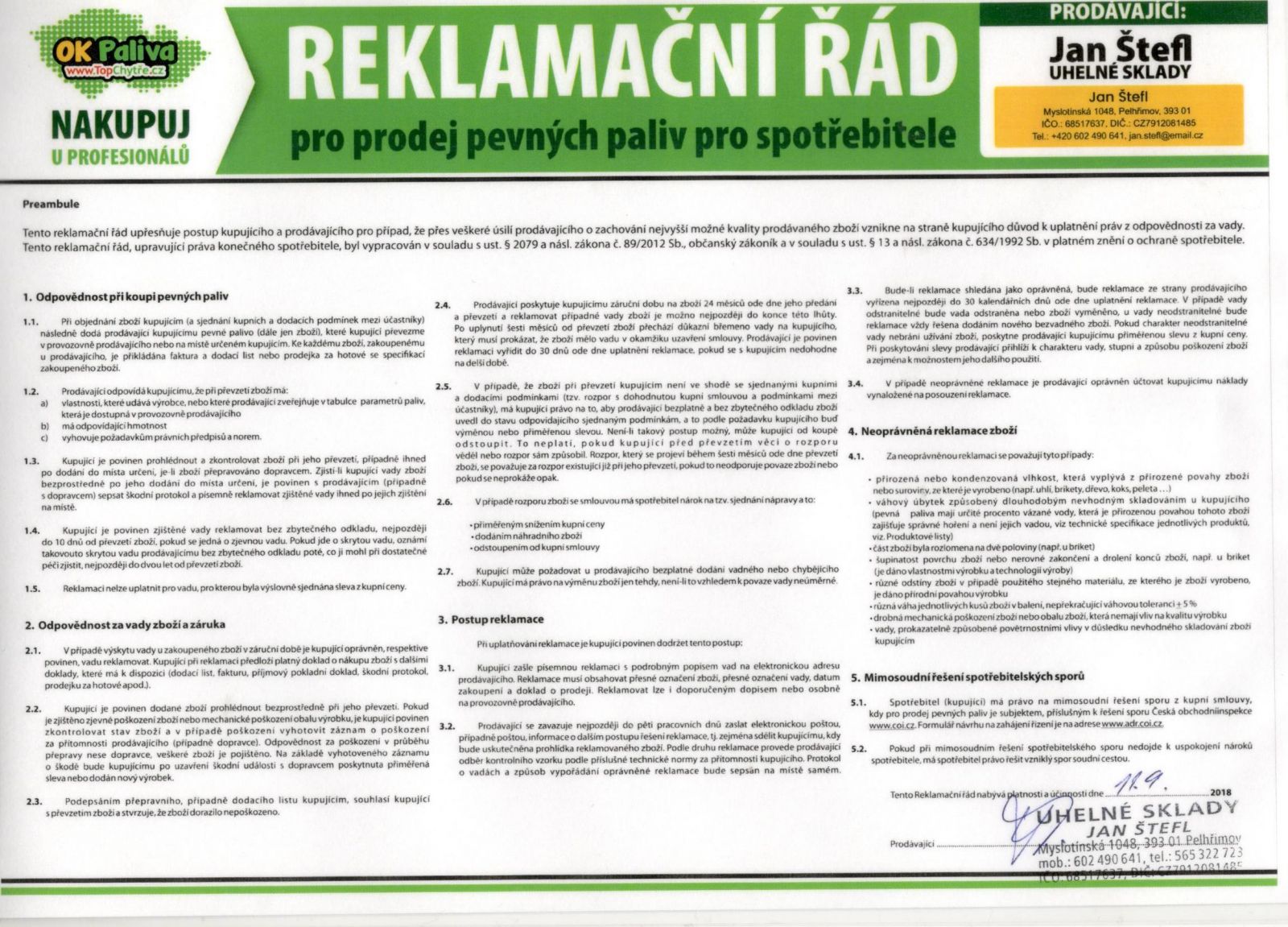 Reklamační řád 2018 – plné znění
